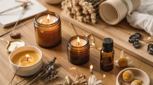 Cách làm nến thơm bằng sáp ong thủ công với các loại tinh dầu thiên nhiên và ly thủy tinh trang trí.